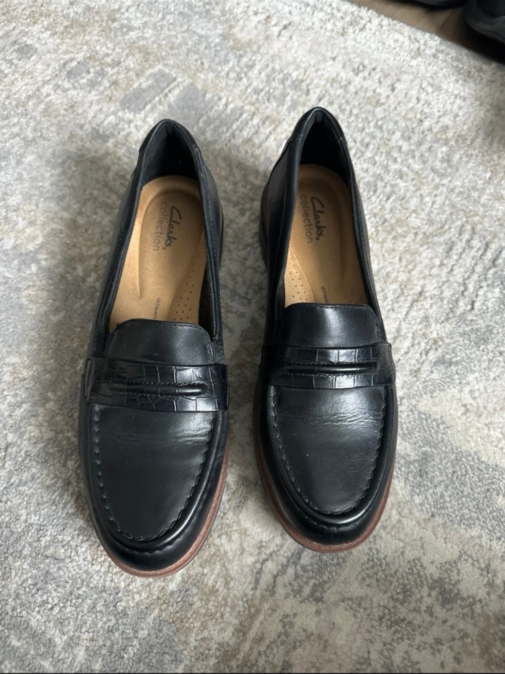 Clarks Black Leather Penny Loafers with Croc-Trim Strap